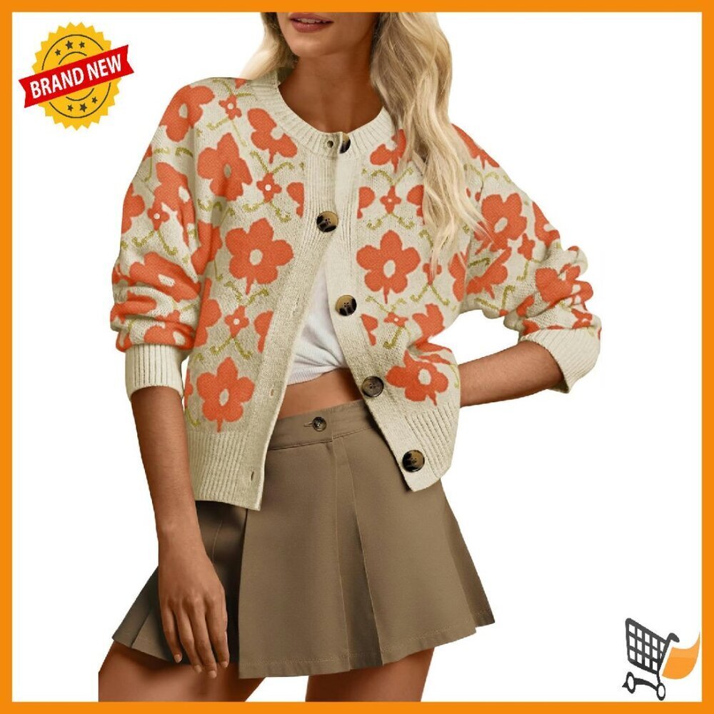 Floral Cardigan Sweater Long Sleeve Open Front Button Down Knit